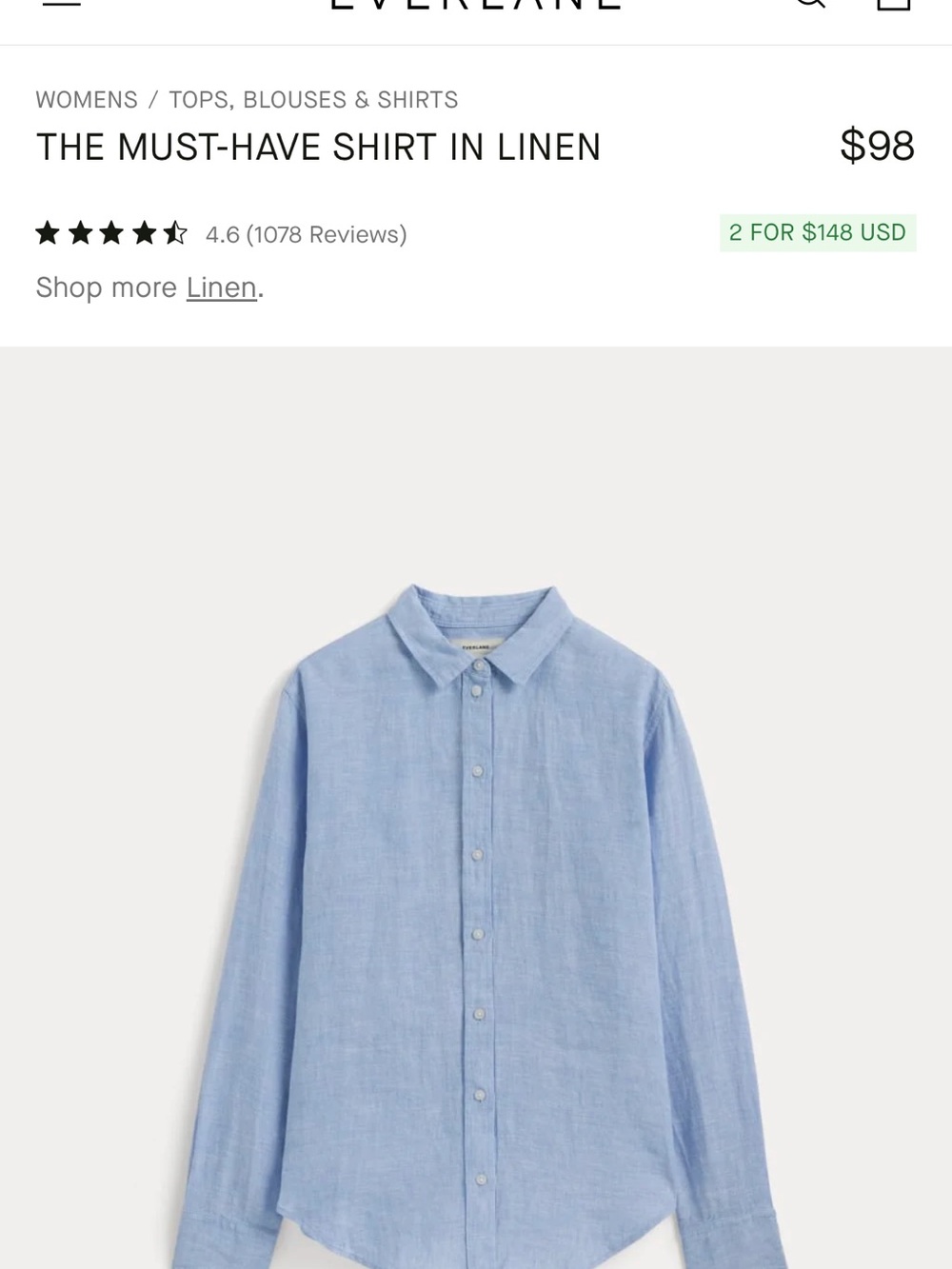 Everlane women’s Light Blue Linen Button-Up Shirt size 00